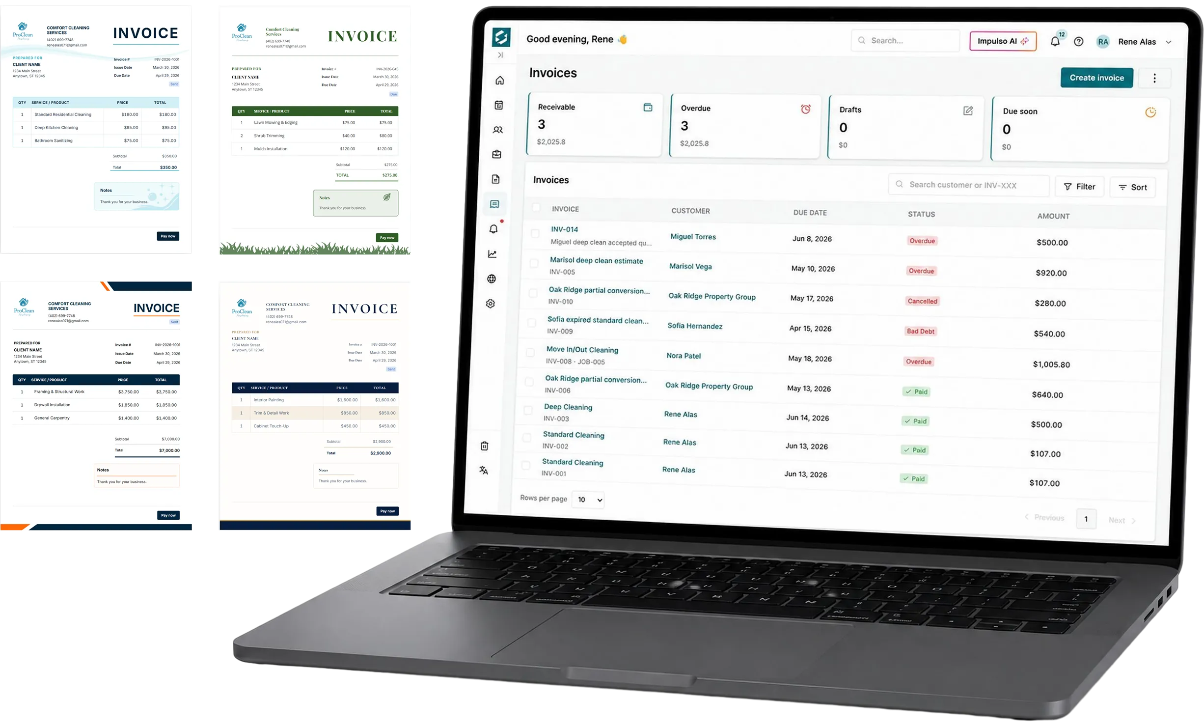 Desktop invoice view and professional documents in Impulso Pro