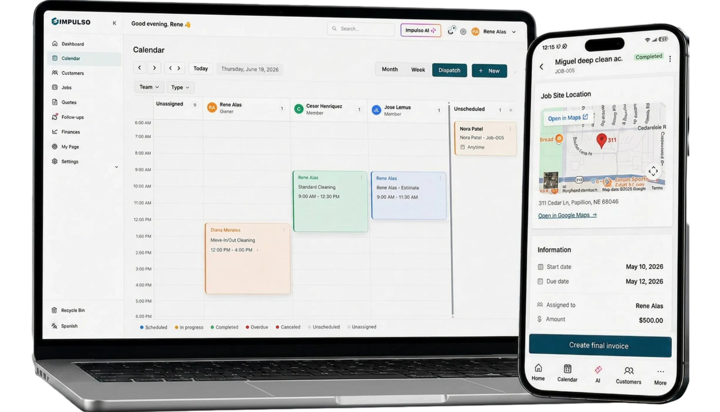 Desktop and mobile calendar and visit views in Impulso Pro