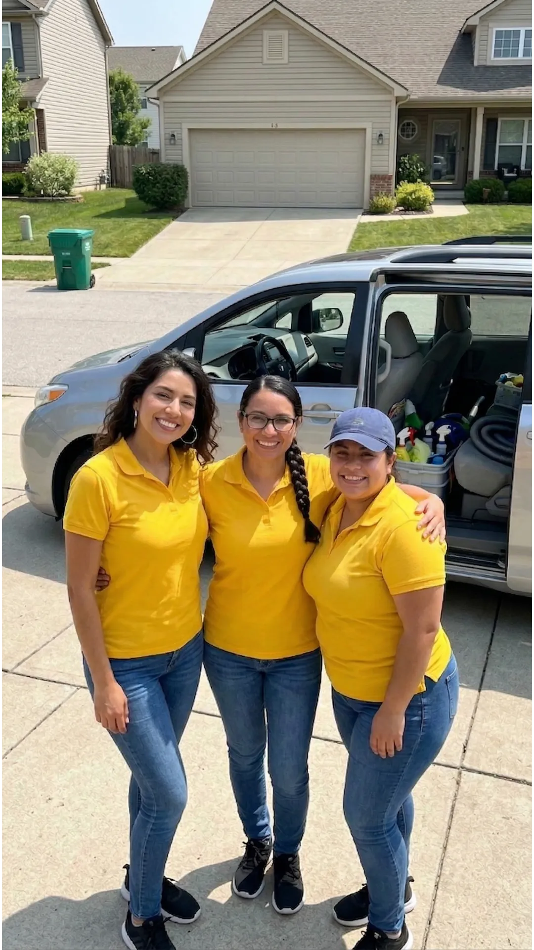 Cleaning service team standing beside their work vehicle