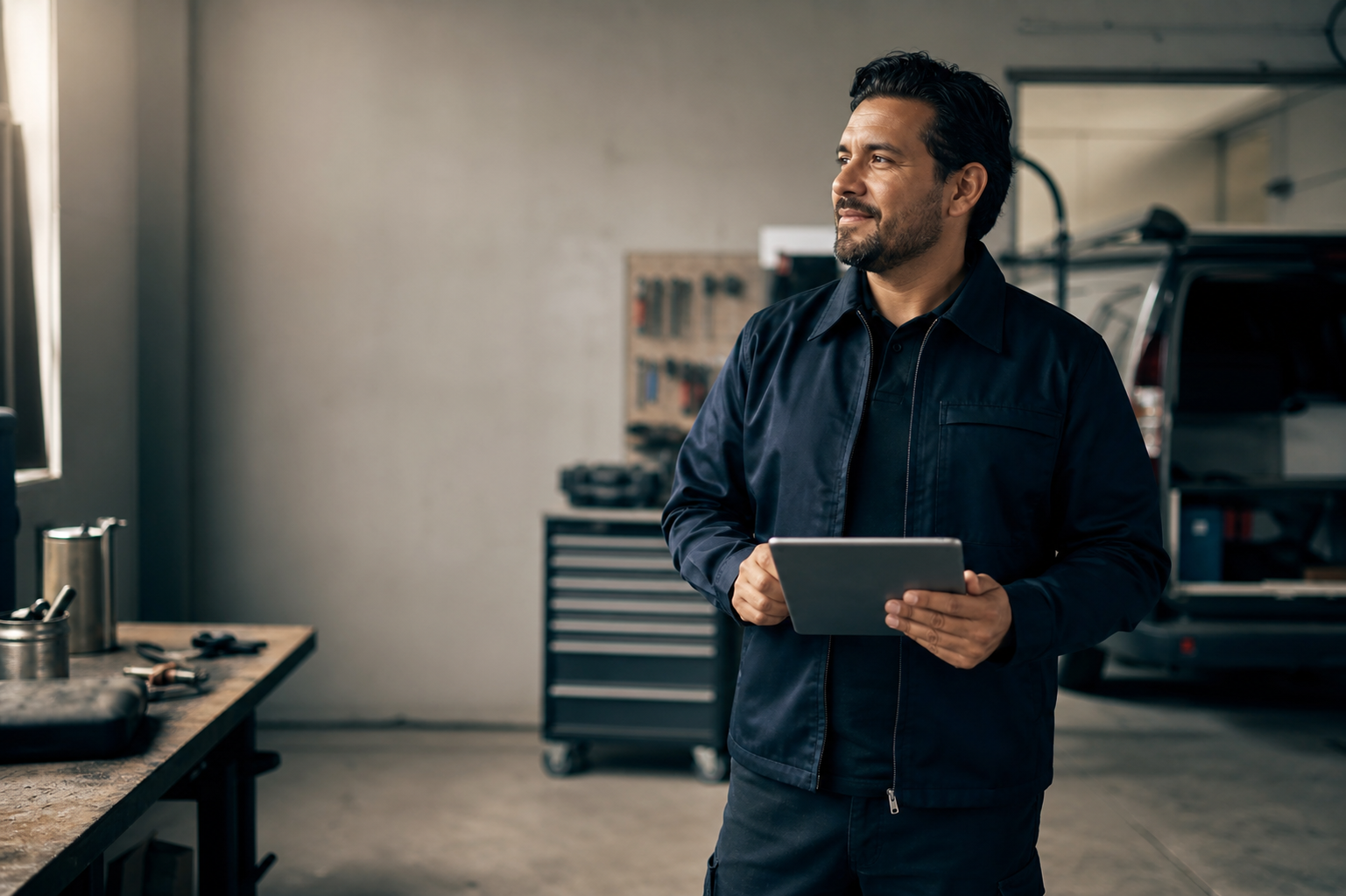 Hispanic home services business owner reviewing his operation on a tablet