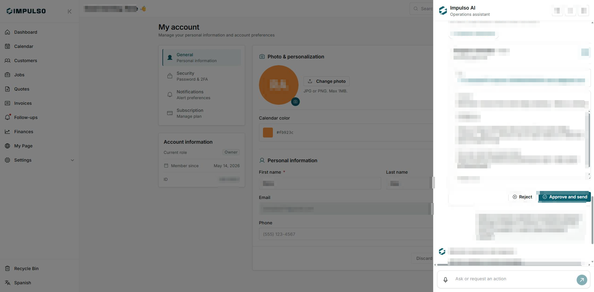 Impulso AI panel open in IMPULSO in English with private content protected
