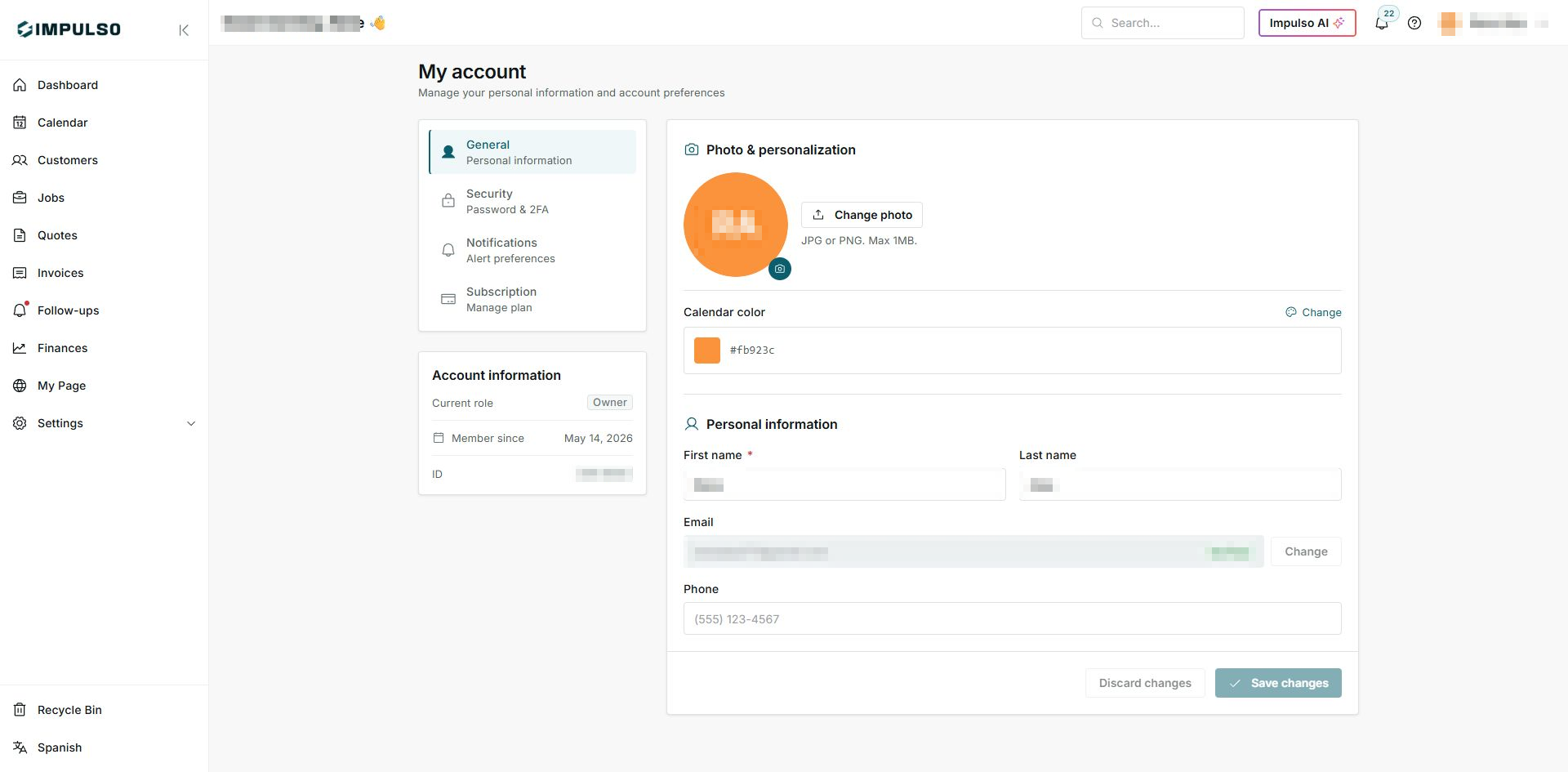 IMPULSO My account screen in English with personal data protected