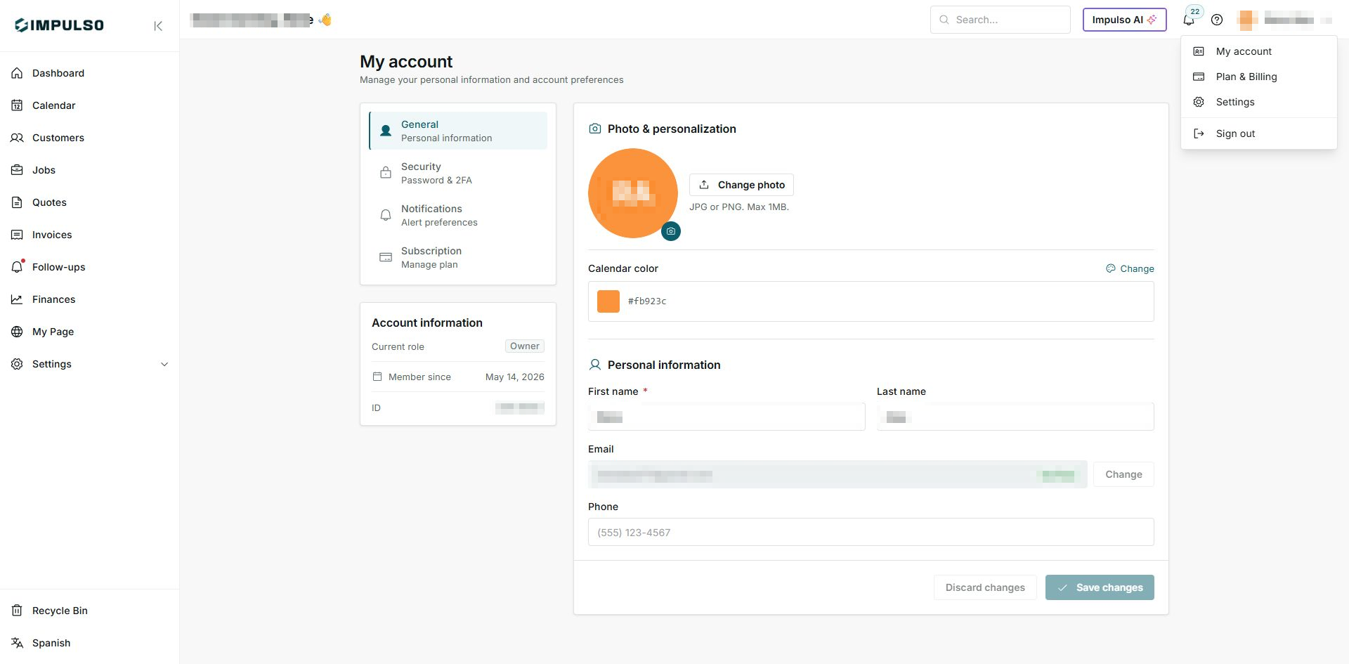 IMPULSO user menu in English with account options