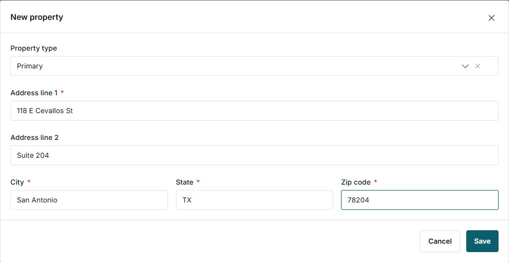 New property form with example address in San Antonio
