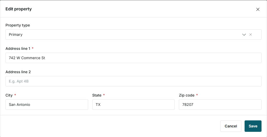 Edit property form for an existing primary address
