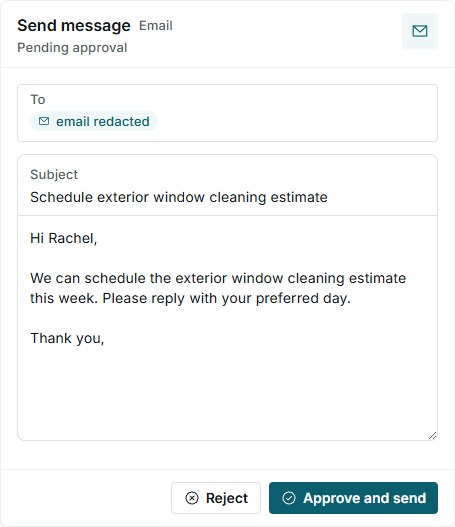 IMPULSO AI card with a message pending approval, Reject button, and Approve and send button