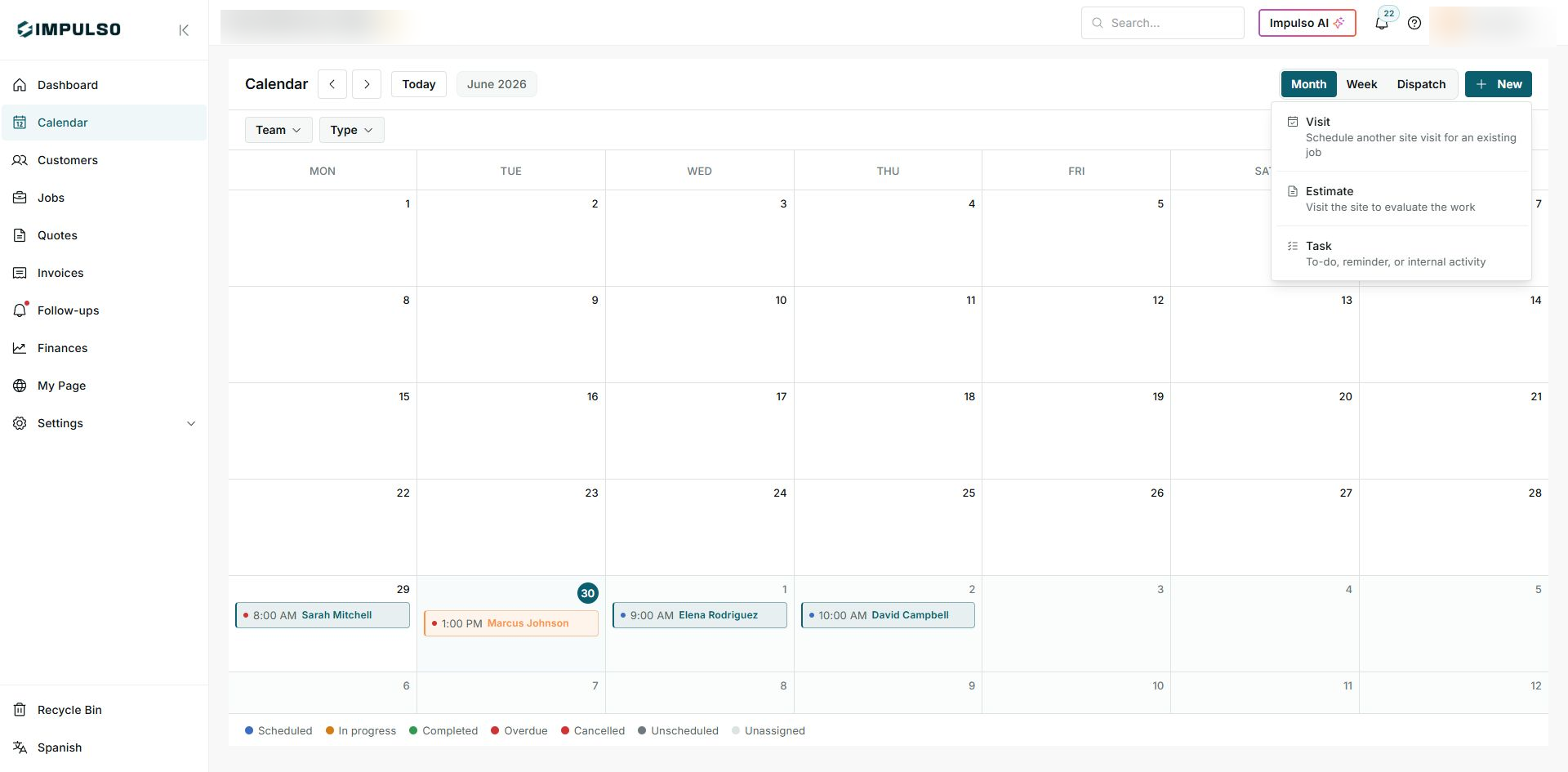 New menu in Calendar with Visit, Estimate, and Task options