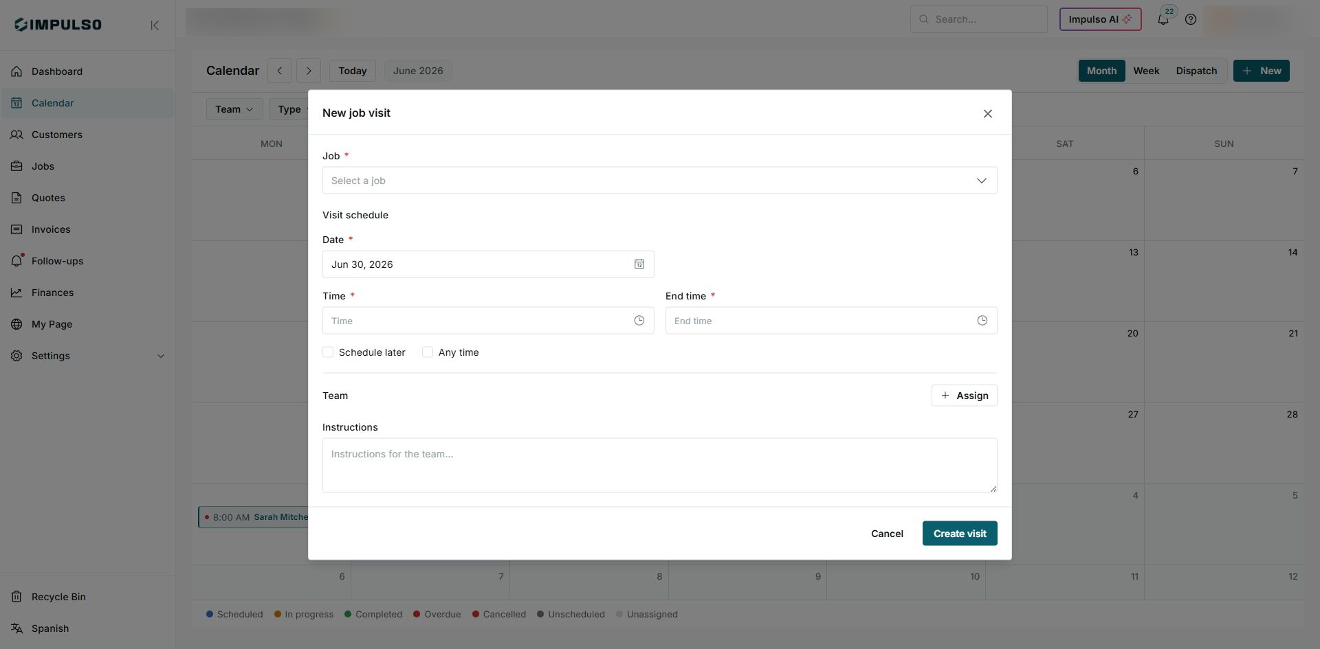 New job visit form with Job, Date, Time, End time, Schedule later, Any time, Team, and Instructions