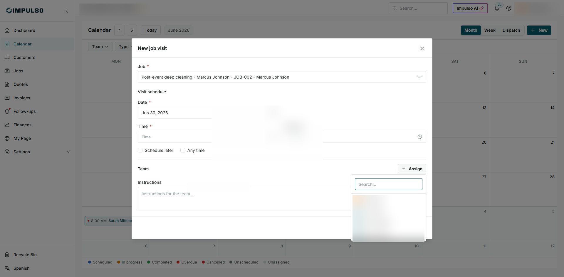 Team selector opened from the New job visit form
