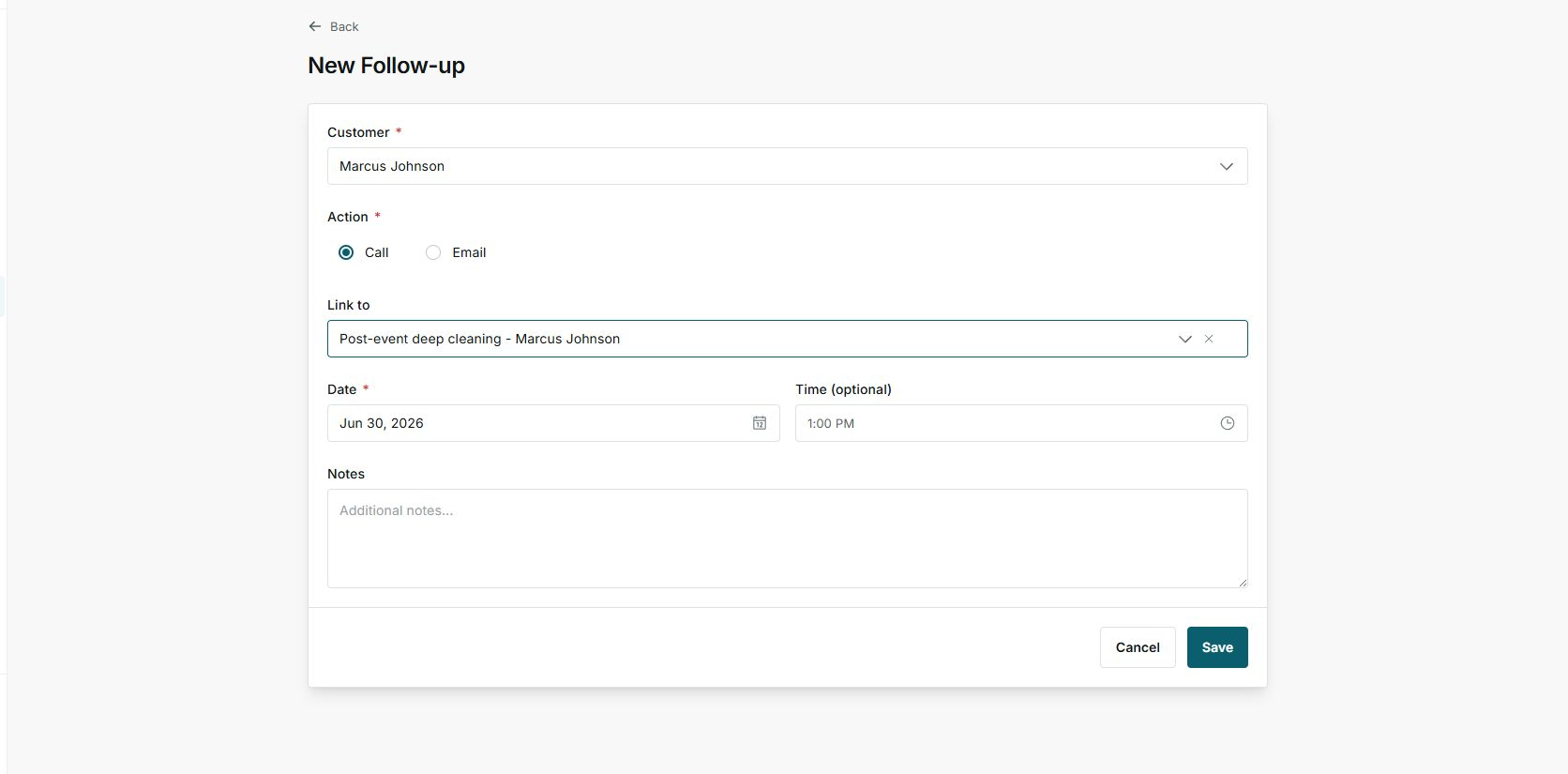 New Follow-up form with customer Marcus Johnson and a linked item selected