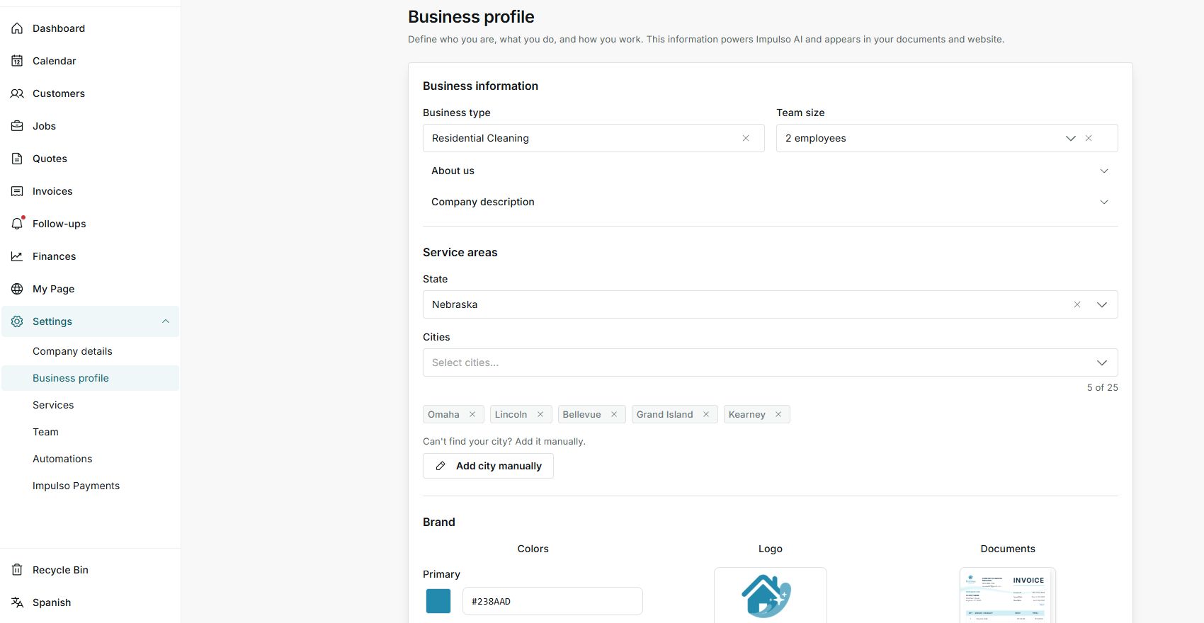 Business profile with type, areas, brand, and document preview