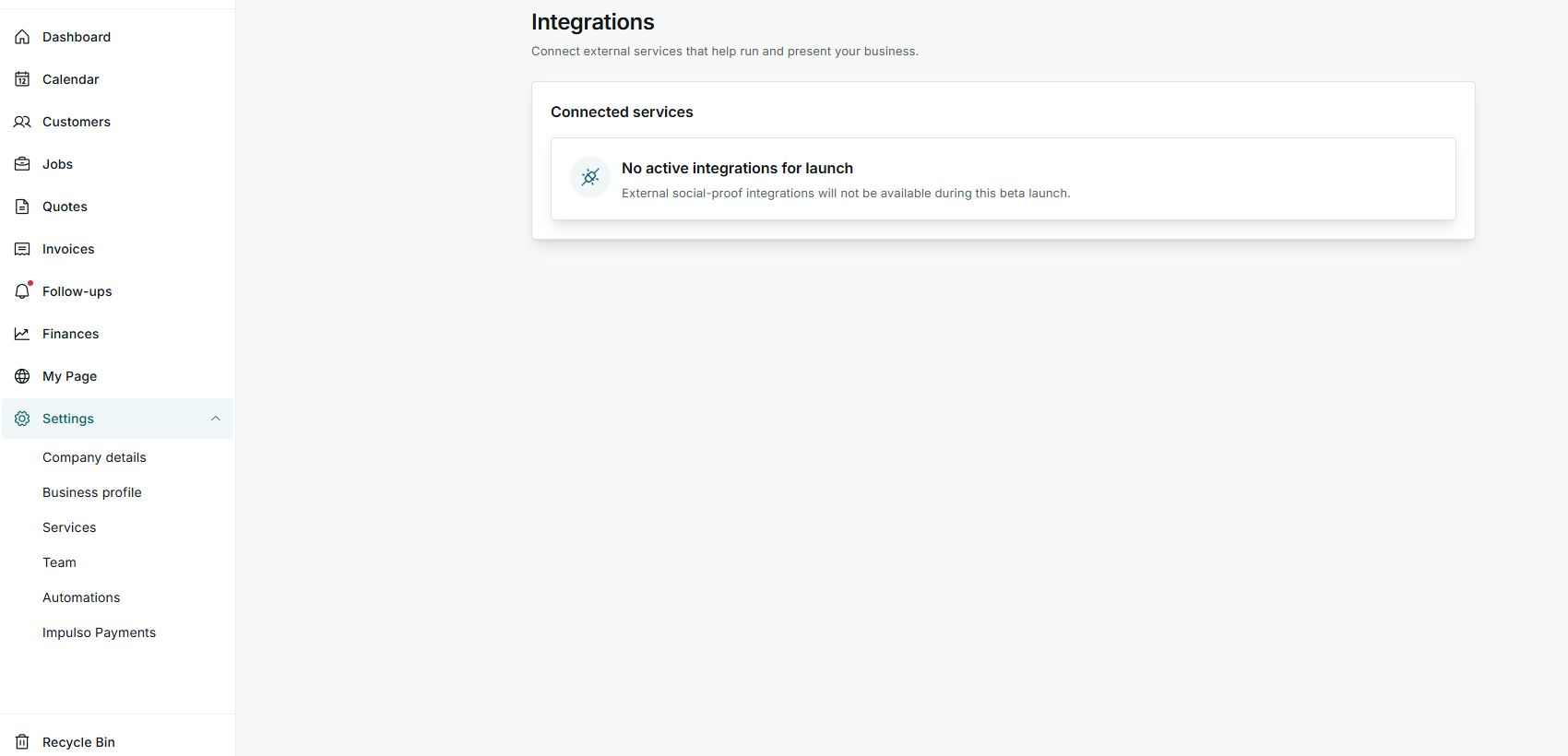 Integrations screen with no active integrations