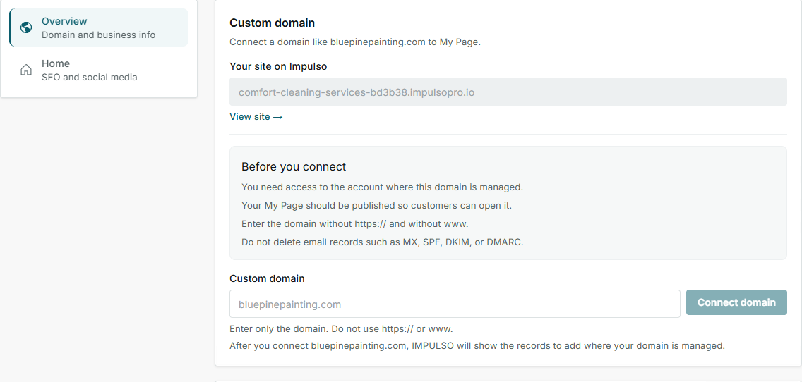 Custom domain card in My Page settings