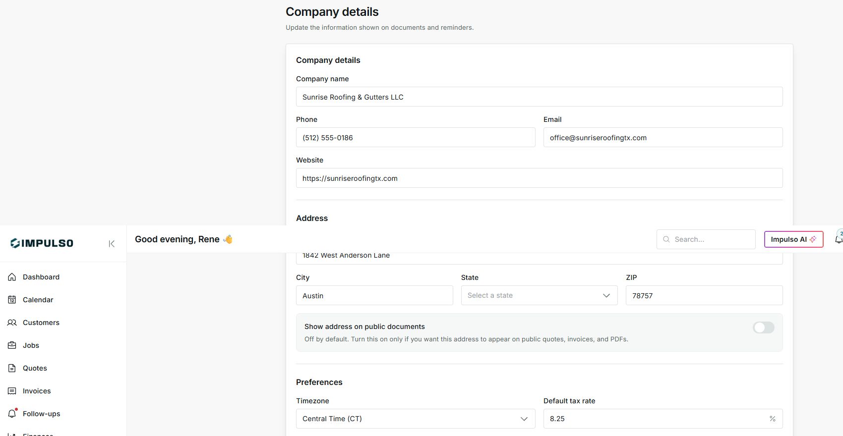 Company details form with realistic business information