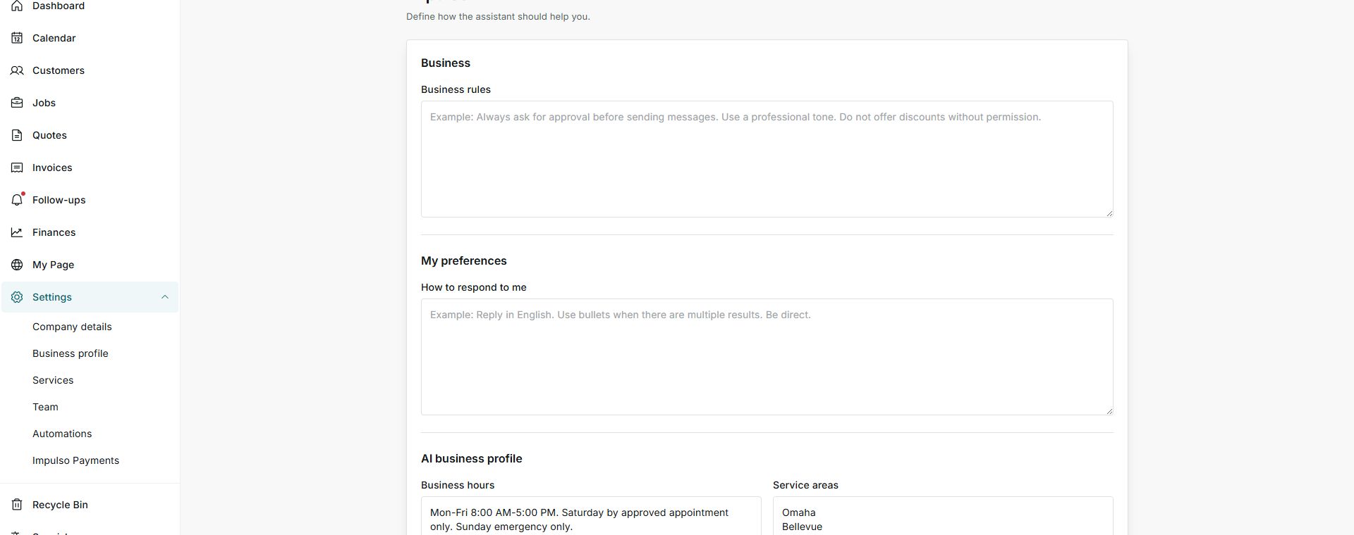 Impulse AI settings screen with business rules, preferences, and AI business profile
