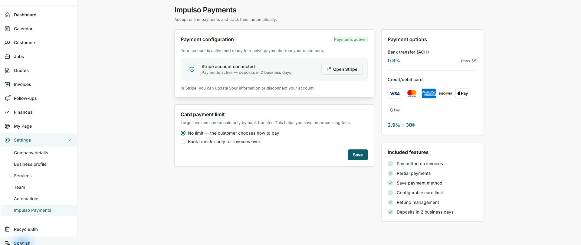 Impulso Payments settings screen in English
