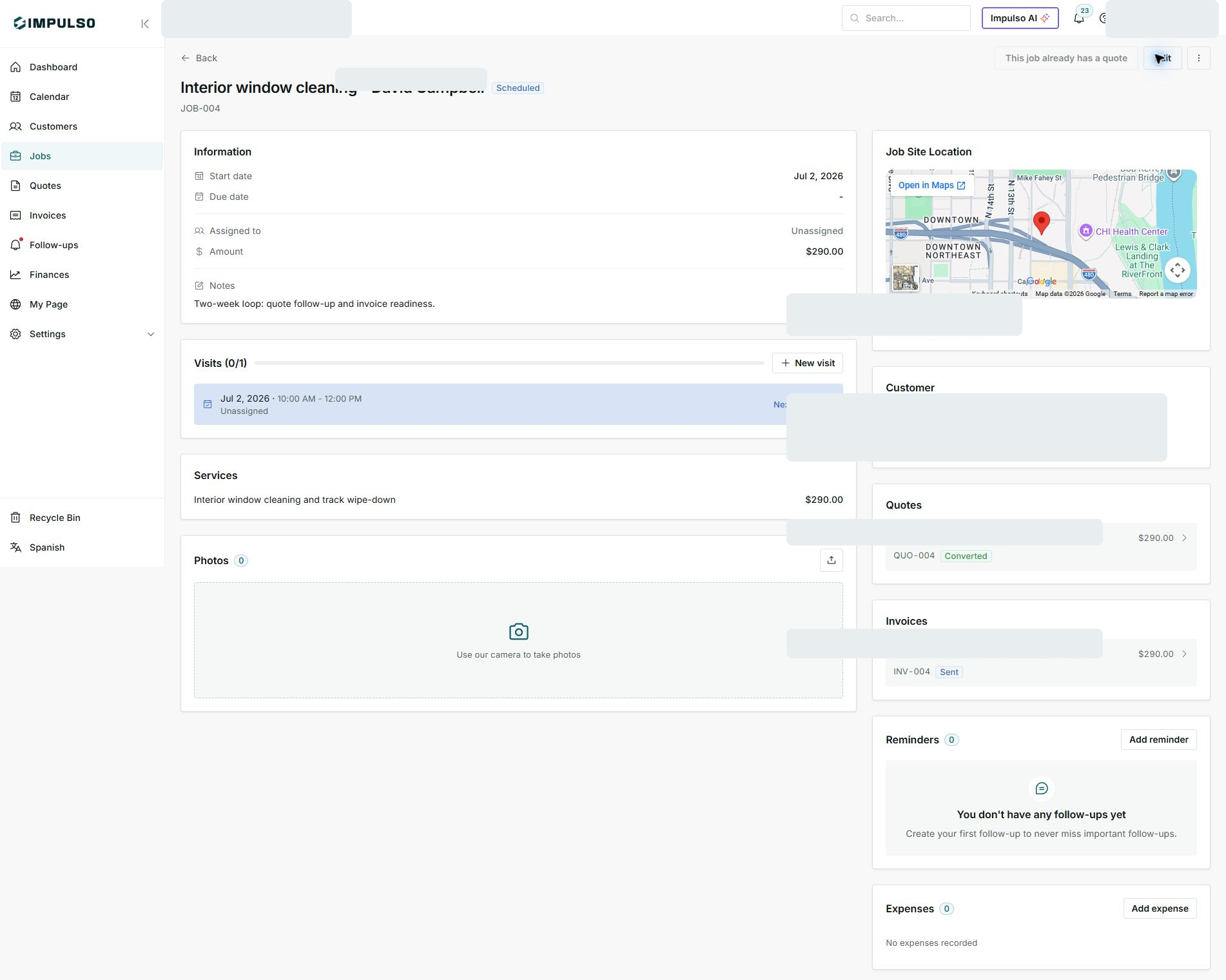 Impulso Pro screen: Job detail with invoice