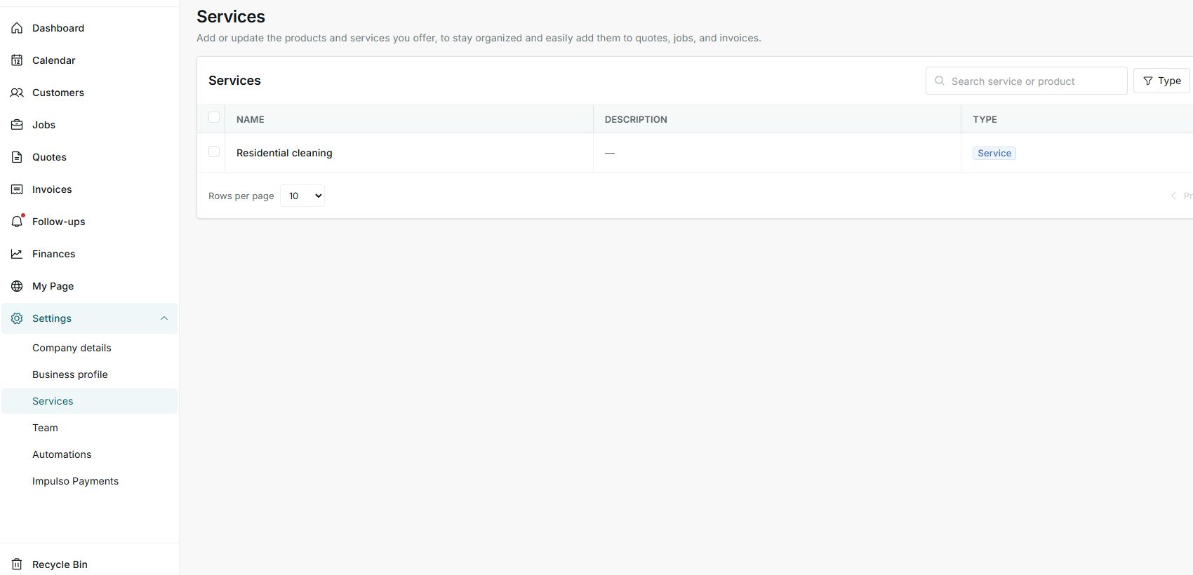 Reusable services list