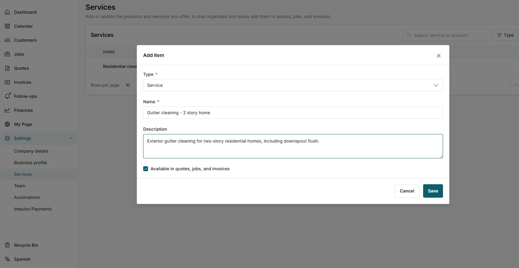 Form to add a reusable service