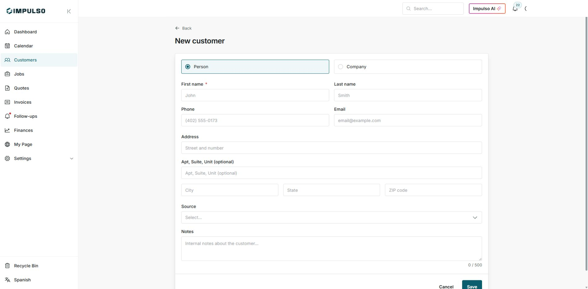 New customer form in IMPULSO in English