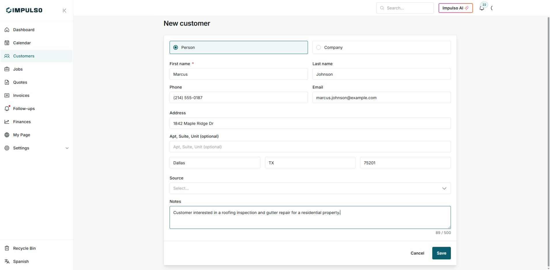 New customer form with realistic customer data in Dallas