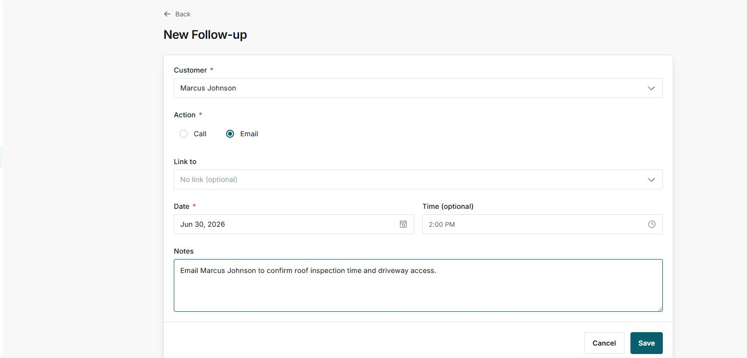 New Follow-up form with Marcus Johnson, Email action, No link, date, time, and notes