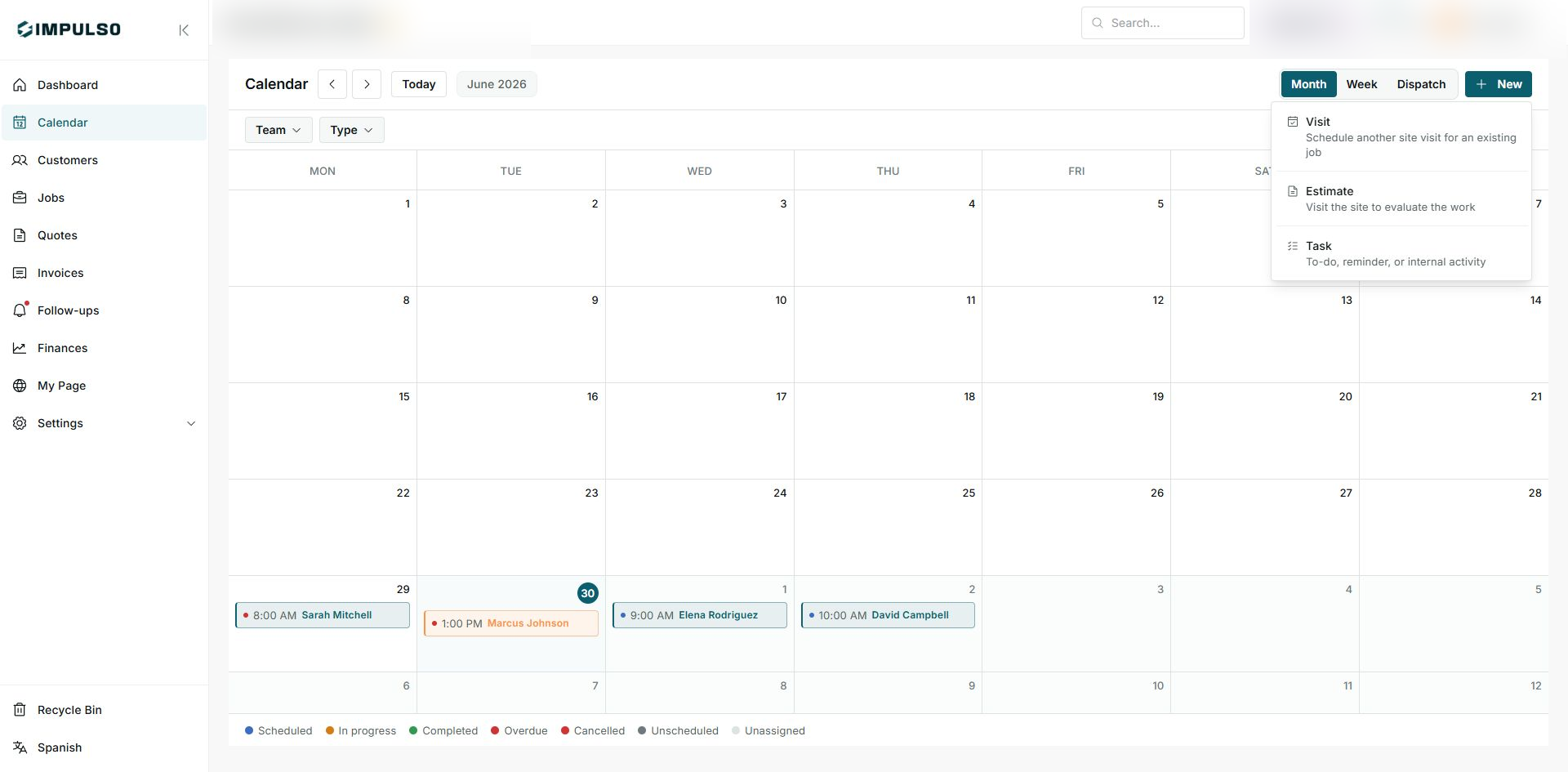 Calendar New menu with Visit, Estimate, and Task options
