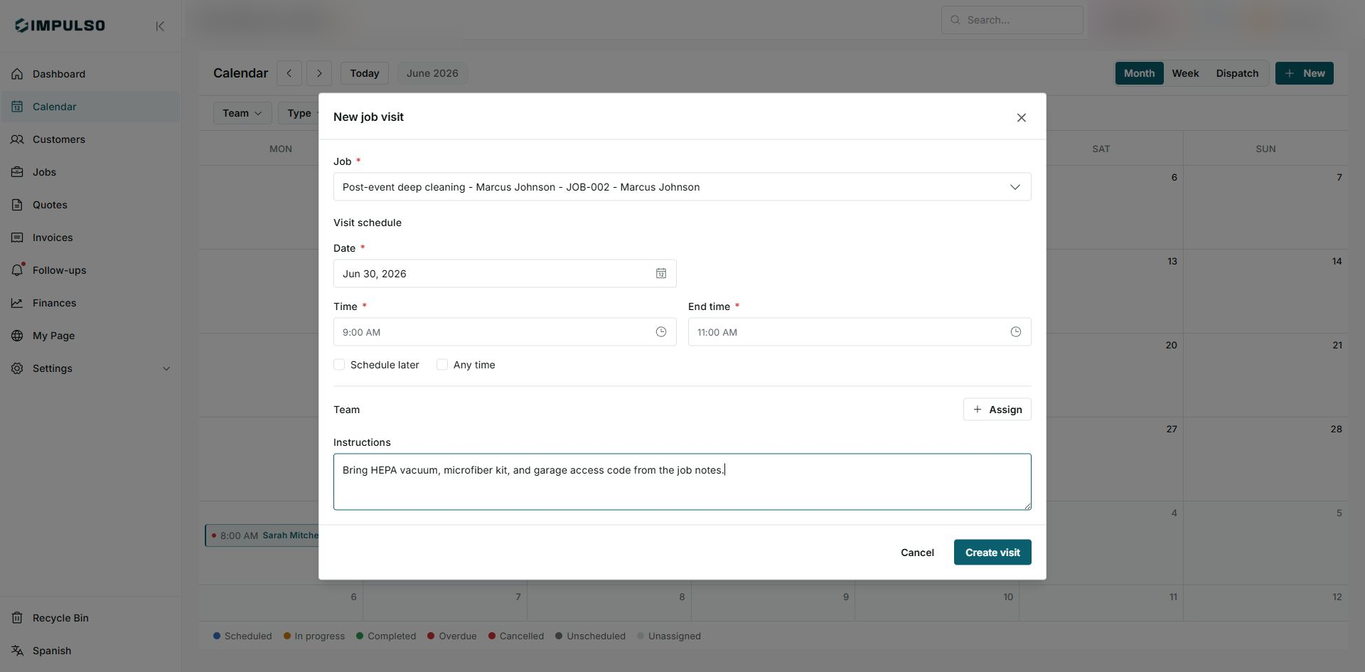 New job visit form with job, date, time, end time, and instructions
