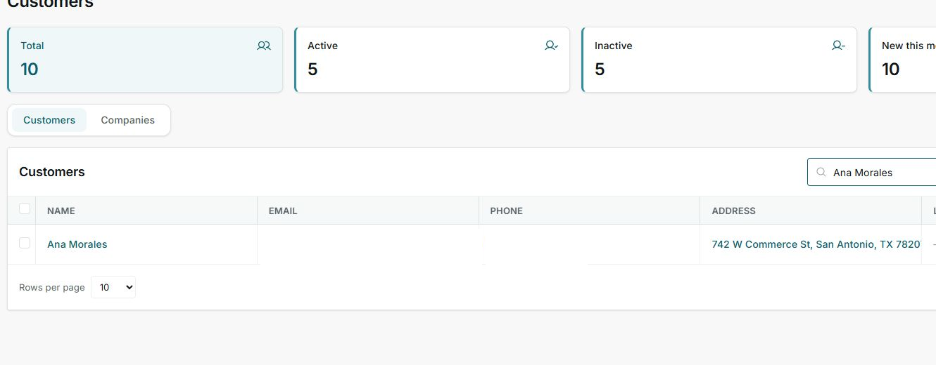 Customers list filtered by Ana Morales with count and search controls