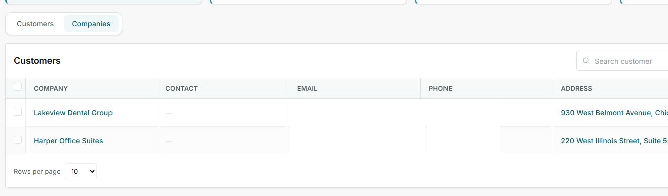 Companies tab in the Customers list