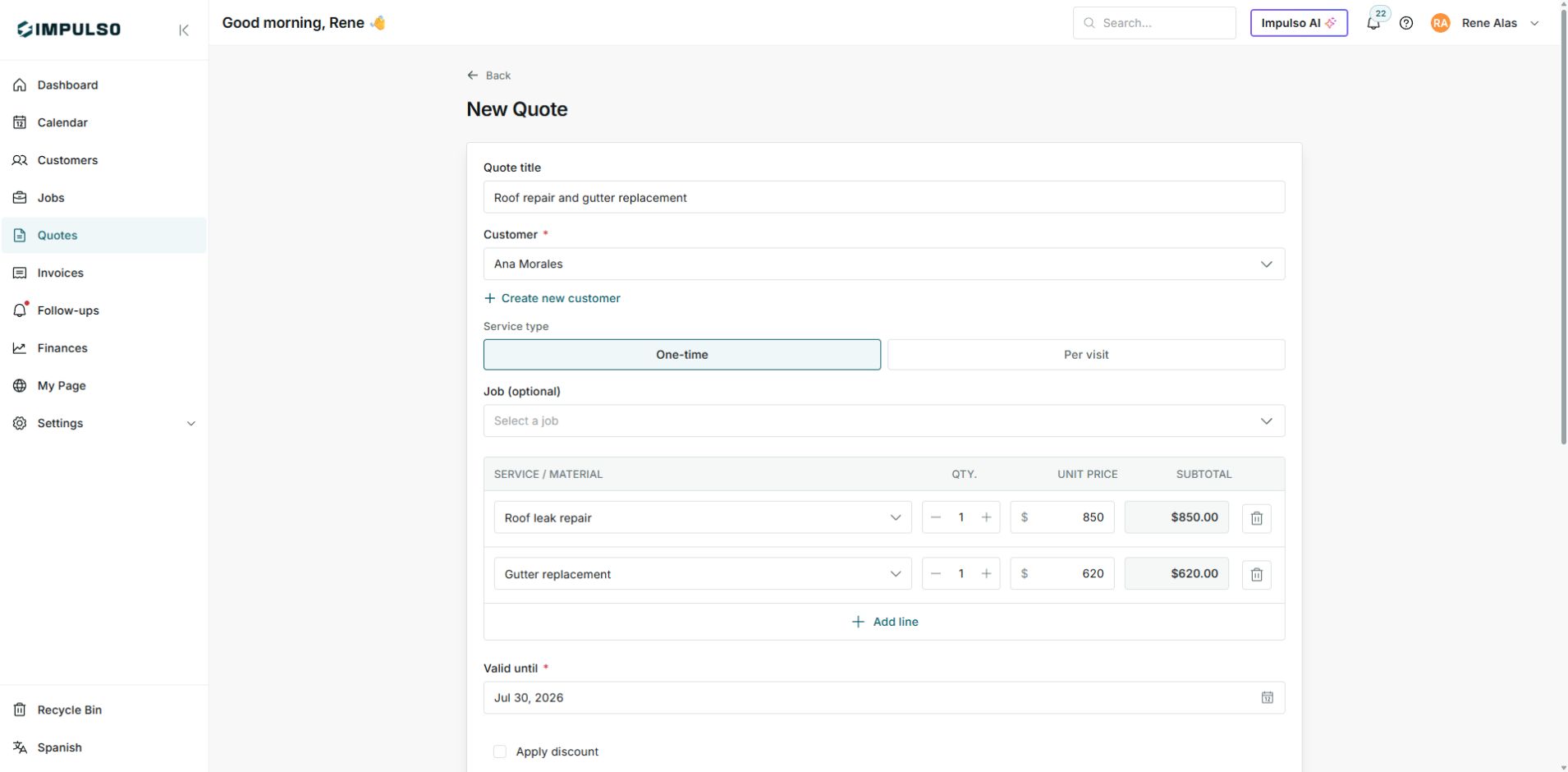 New quote form with customer and services in IMPULSO