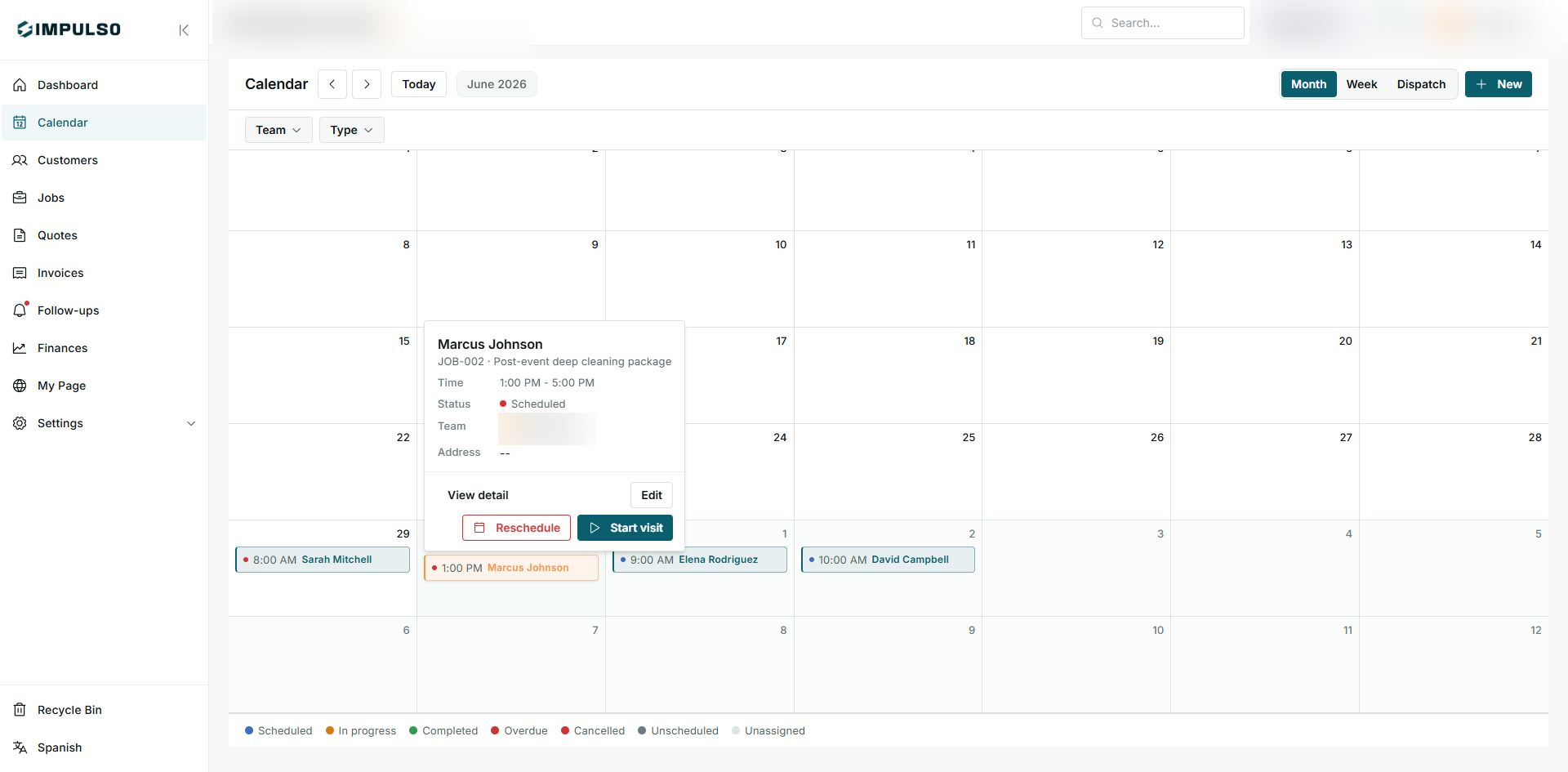 Visit detail in Calendar with time, status, team, and Edit, Reschedule, and Start visit actions