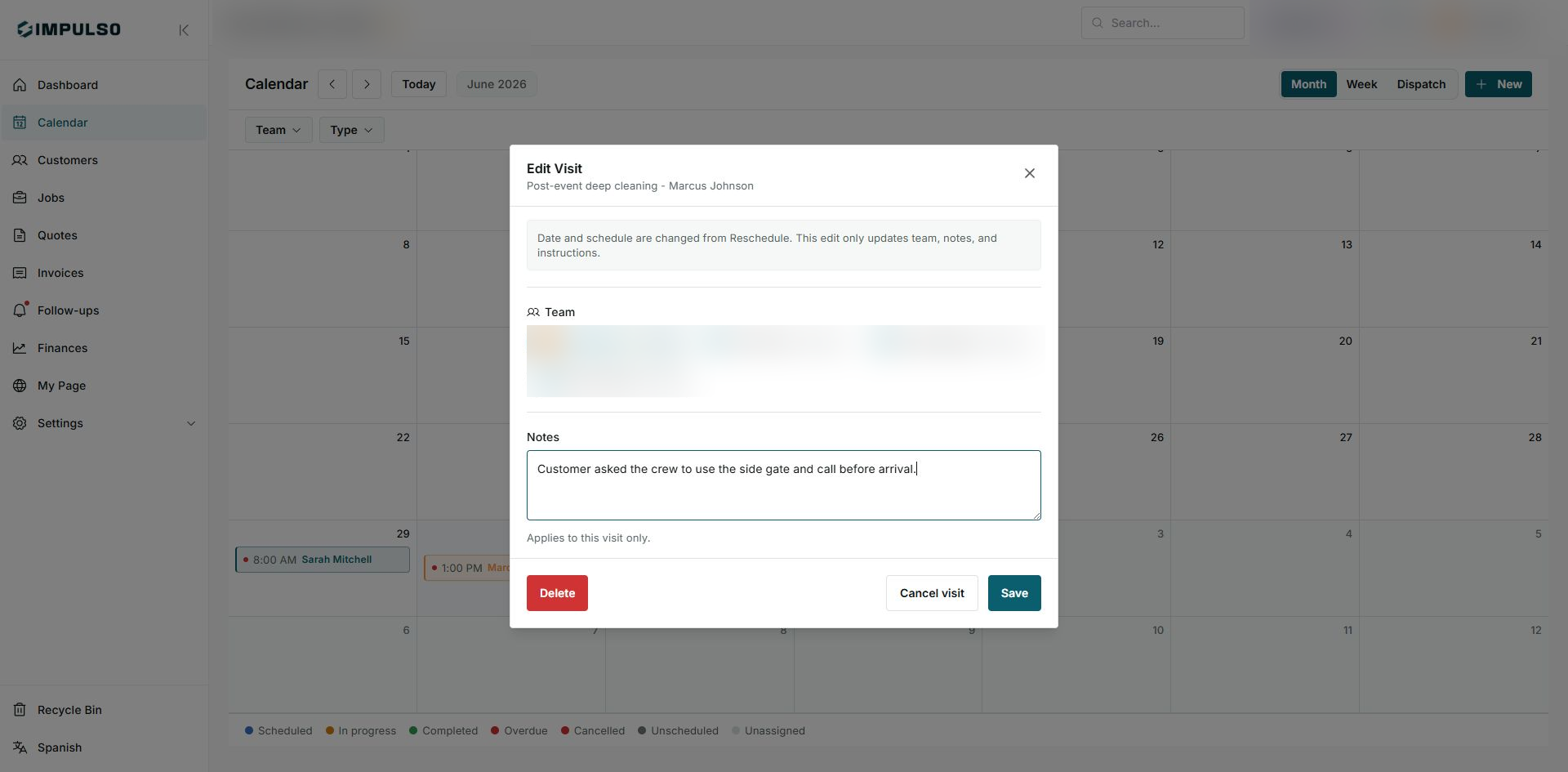 Edit Visit form with team, notes, Delete, Cancel visit, and Save