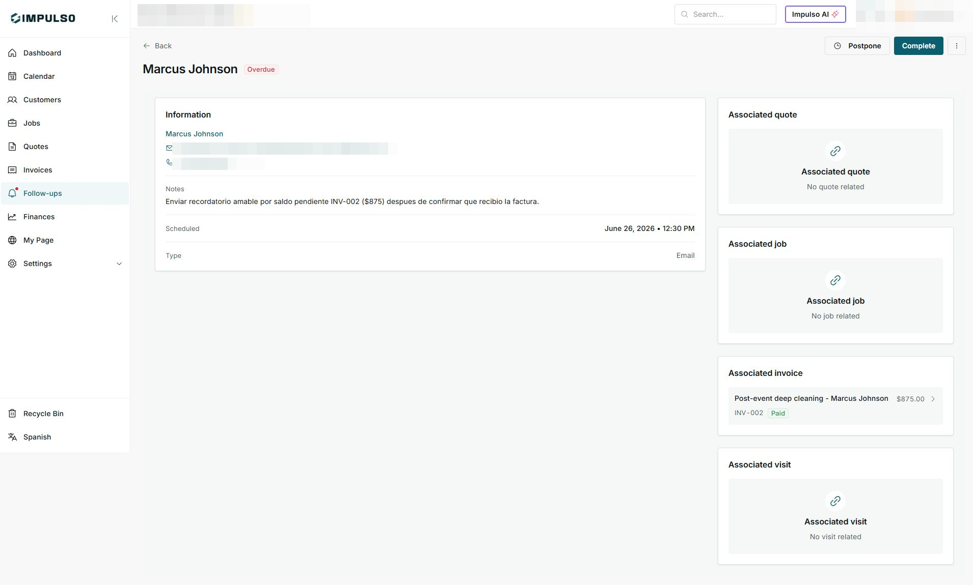 Follow-up detail for Marcus Johnson with Overdue status, note, scheduled date, Email type, and a Paid linked invoice