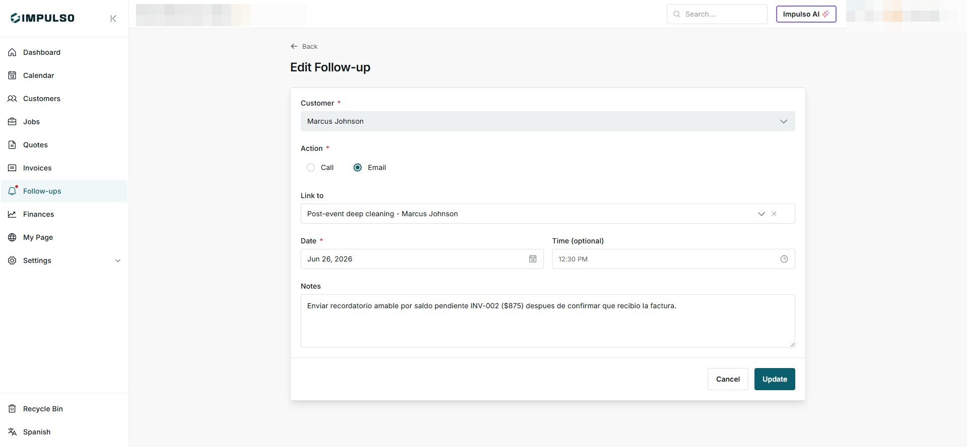 Edit Follow-up screen with customer Marcus Johnson, Email action, date, time, notes, and Cancel and Update buttons