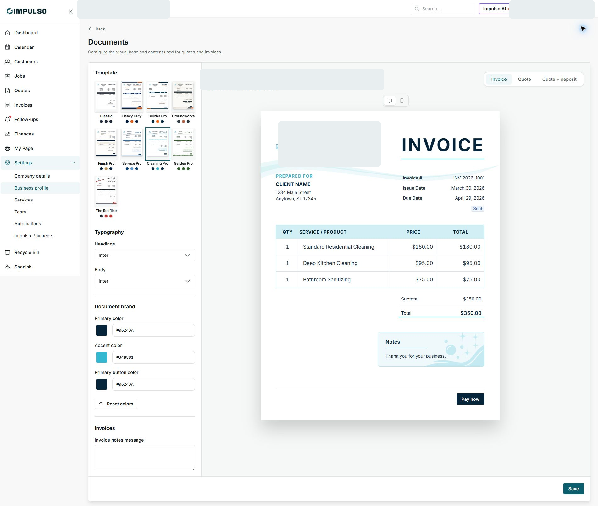 Impulso Pro screen: Documents notes terms