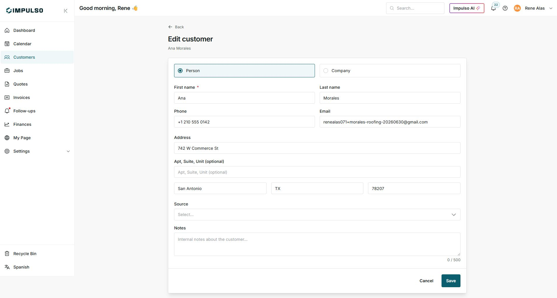 IMPULSO customer edit screen in English