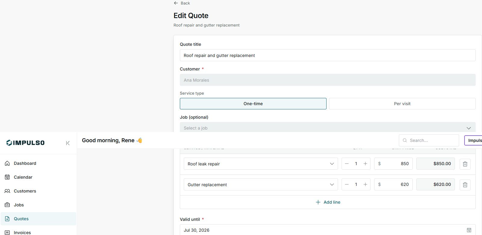 Quote totals, tax, deposit, notes, and update buttons