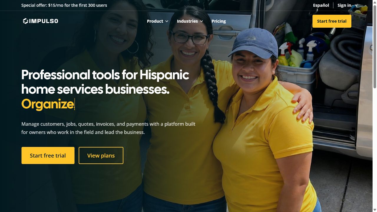 IMPULSO public website with sign in and start free trial options
