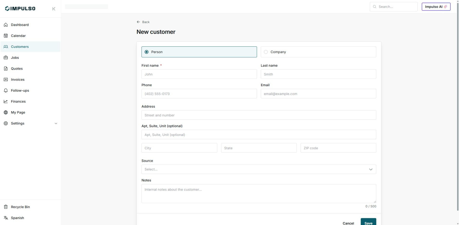 New customer form before saving