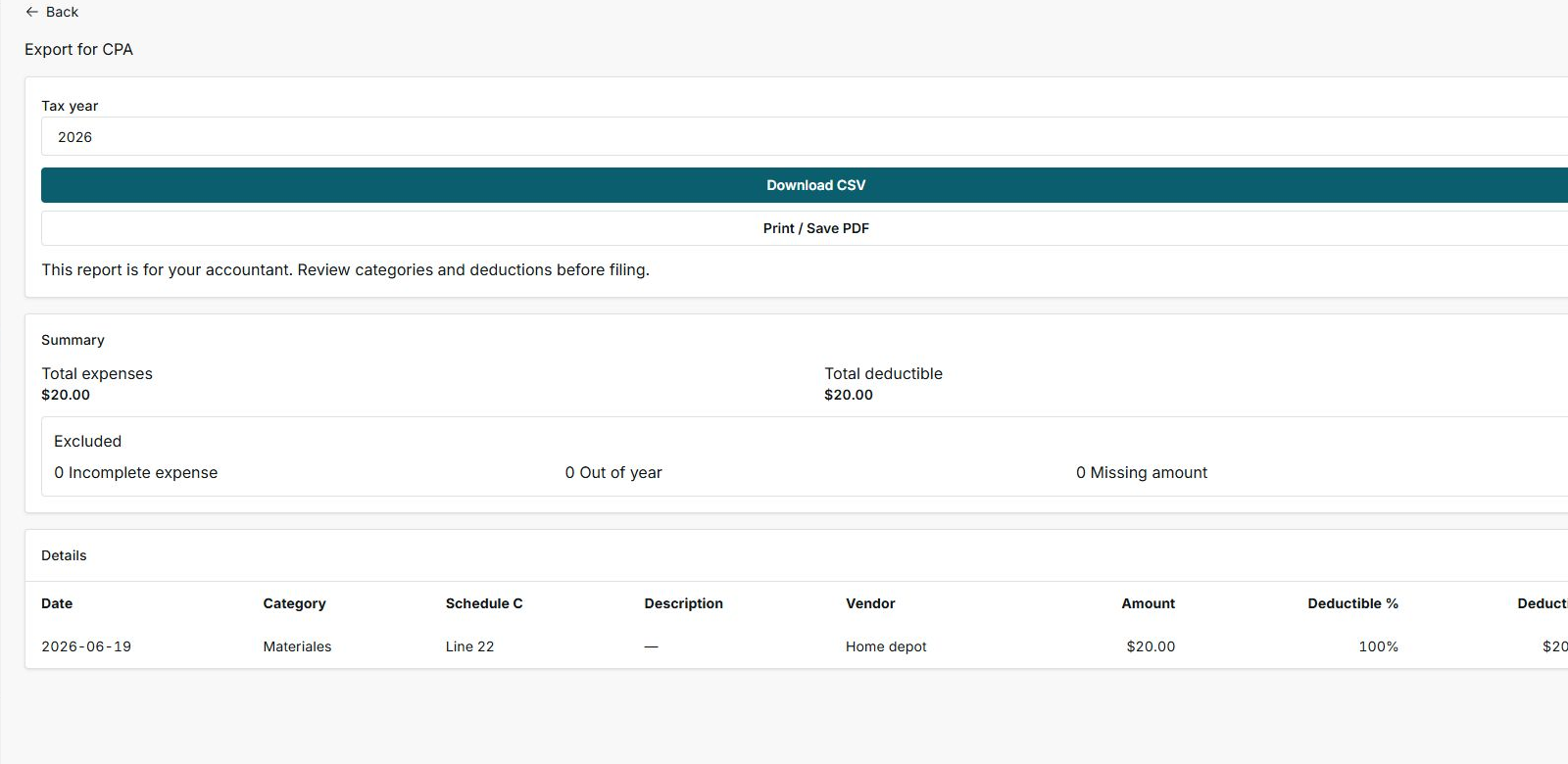 Export for CPA screen with tax year, download buttons, summary, and expense detail