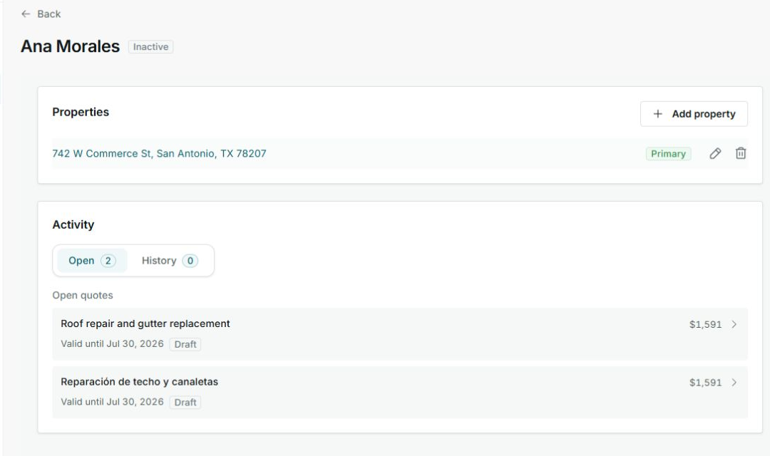 Customer detail page with properties, activity, and open quotes in IMPULSO