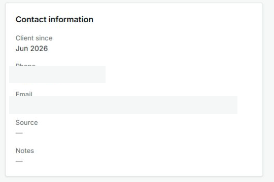 Customer contact information card with phone and email hidden