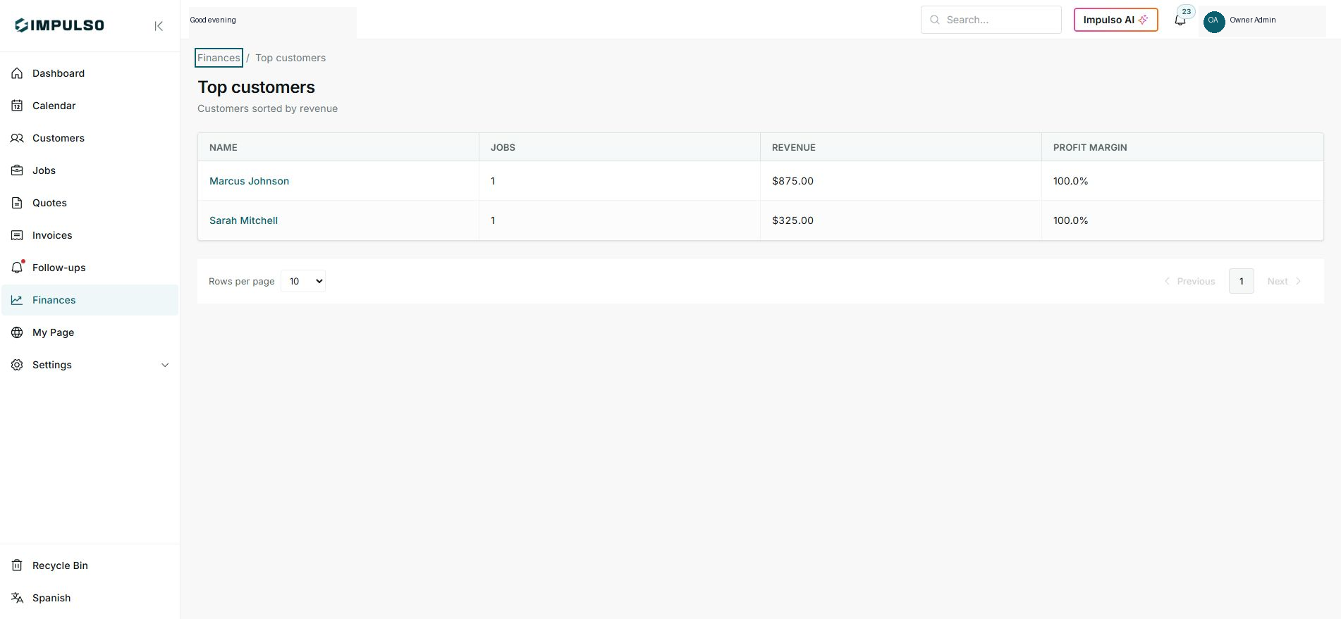 Top customers screen with revenue and profit margin