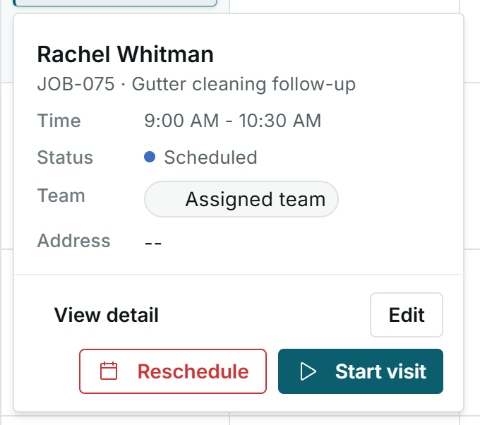 Quick visit details showing a scheduled visit with the Start visit button