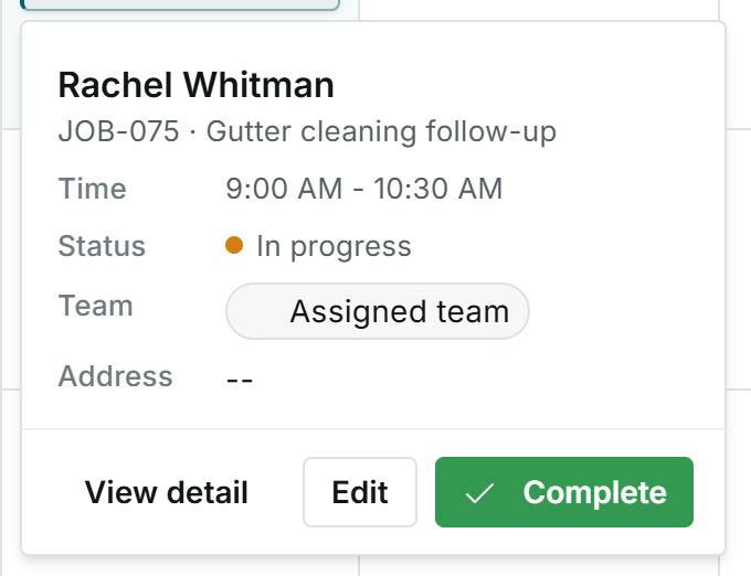 Quick visit details showing an in-progress visit with the Complete button