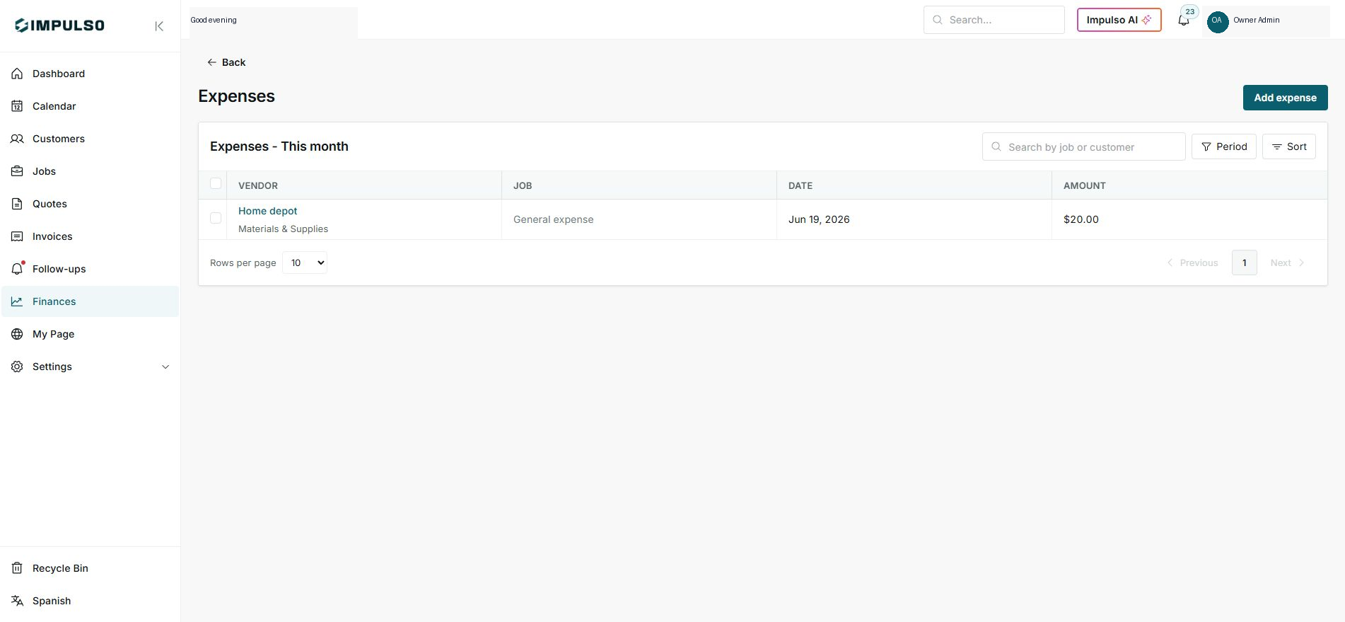 Expense list with visible category