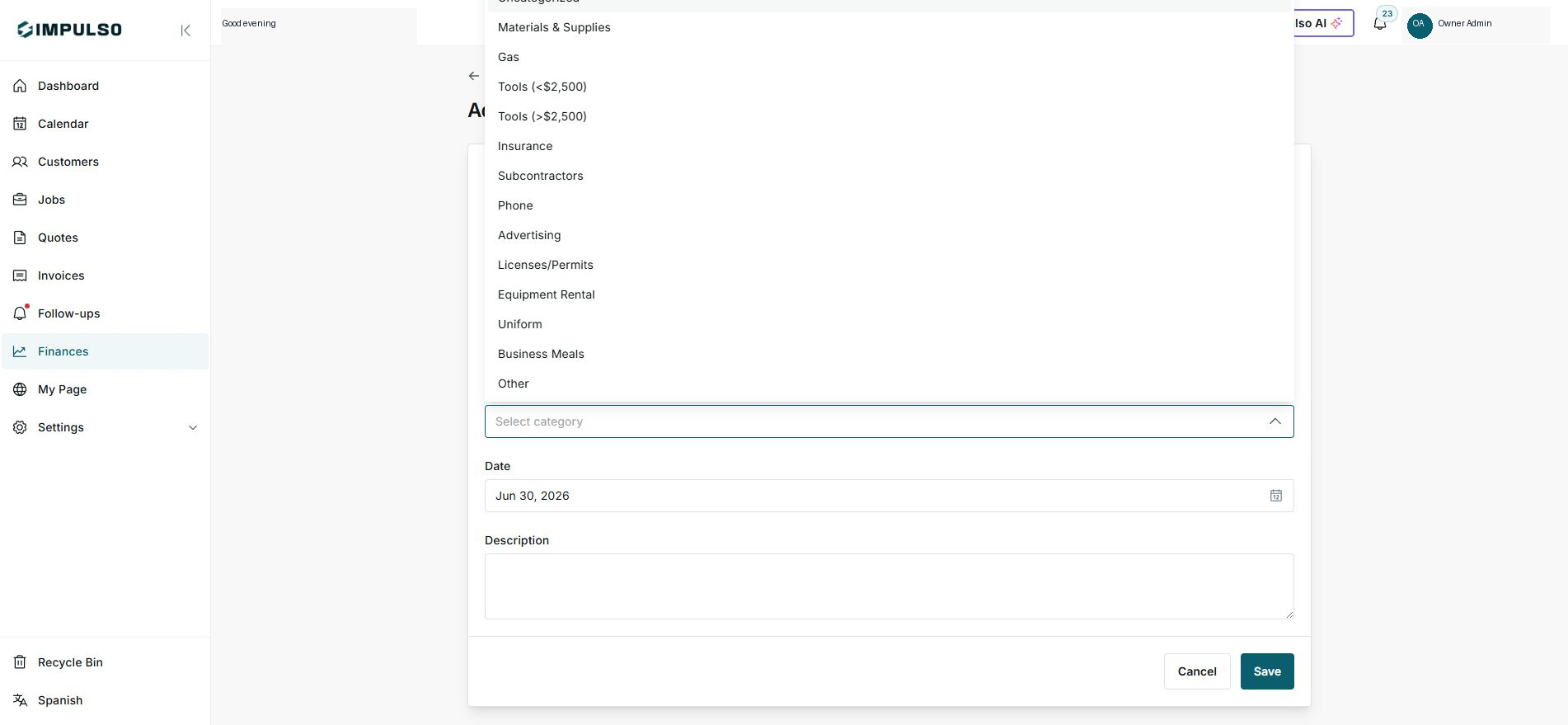 Expense category selector