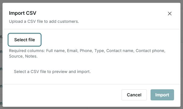 Import CSV dialog with required customer columns