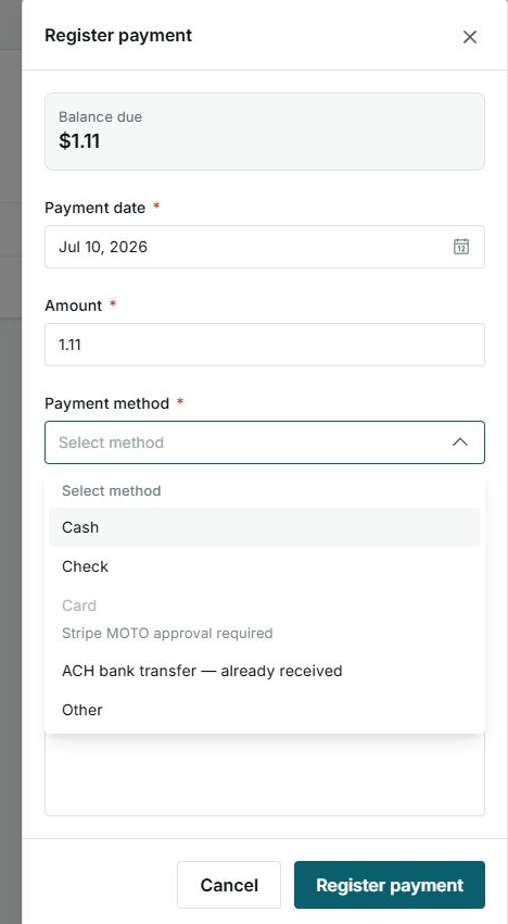 Manual payment selector with ACH bank transfer already received